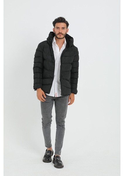 Spor Erkek Kapüşonlu Polarlı Kürklü Su Geçirmez Rüzgara Dayanıklı Şişme Mont Parka