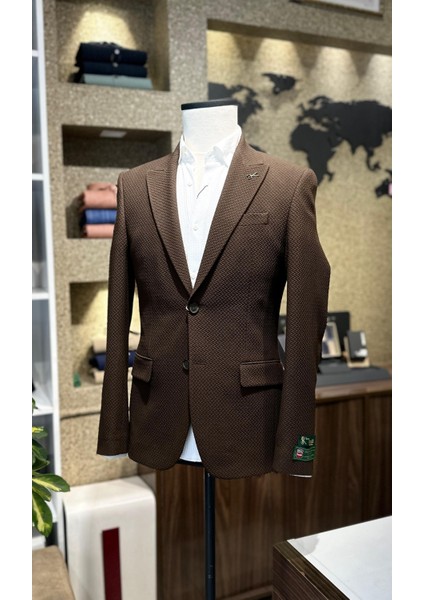 Dokulu Erkek Tek Ceket Kahverengi modelleri