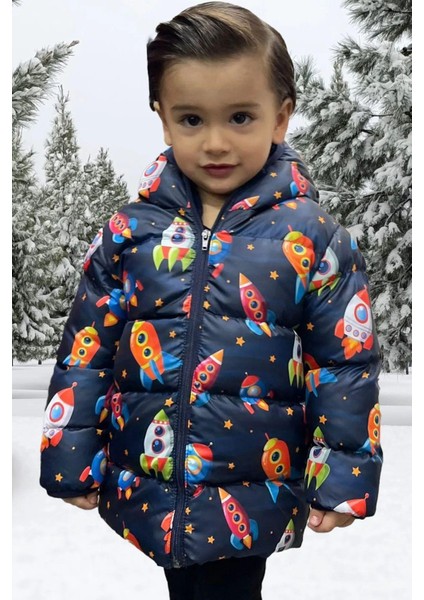 Spor Erkek Çocuk Polarlı Kapüşonlu Roket Desenli Şişme Mont Parka