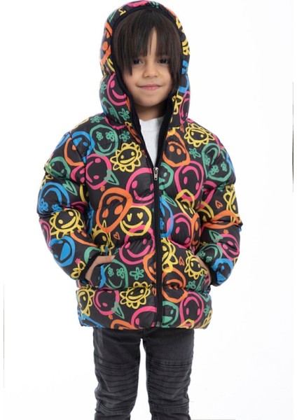 Erkek Çocuk Gülen Emoji Polarlı Kürklü Su ve Rüzgar Geçirmez Kapüşonlu Cepli Kışlık Şişme Mont
