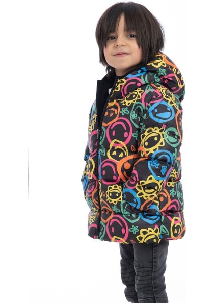 Erkek Çocuk Gülen Emoji Polarlı Kürklü Su ve Rüzgar Geçirmez Kapüşonlu Cepli Kışlık Şişme Mont fiyatları