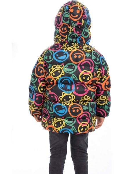 Erkek Çocuk Gülen Emoji Polarlı Kürklü Su ve Rüzgar Geçirmez Kapüşonlu Cepli Kışlık Şişme Mont modelleri