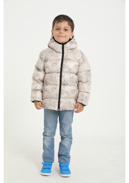 Erkek Çocuk Pusula Desen Polar Su ve Rüzgar Geçirmez Kapüşonlu Cepli Şişme Kışlık Mont
