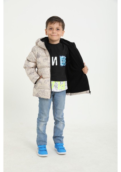 Erkek Çocuk Pusula Desen Polar Su ve Rüzgar Geçirmez Kapüşonlu Cepli Şişme Kışlık Mont fiyatları