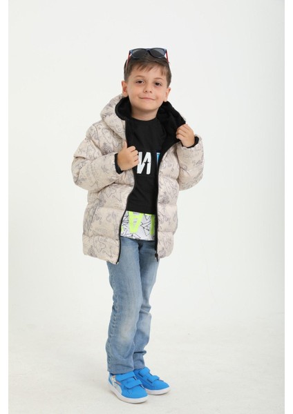 Erkek Çocuk Pusula Desen Polar Su ve Rüzgar Geçirmez Kapüşonlu Cepli Şişme Kışlık Mont fırsatları