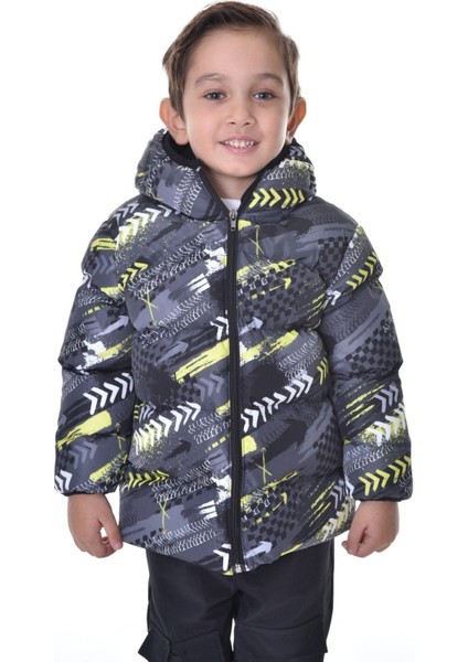 Erkek Çocukdijital Desen Polar Su ve Rüzgar Geçirmez Kapüşonlu Şişme Kışlık Mont