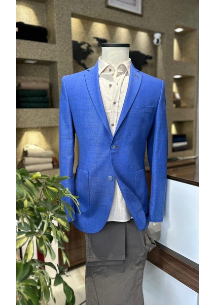 Saks Mavi Ekoseli %100 Keten Ceket (Astarsız)