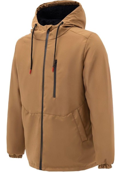 Spor Erkek Taba Kürklü Su ve Rüzgar Geçirmez Kapüşonlu Mont Parka