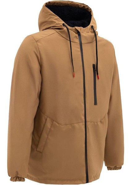 Spor Erkek Taba Kürklü Su ve Rüzgar Geçirmez Kapüşonlu Mont Parka