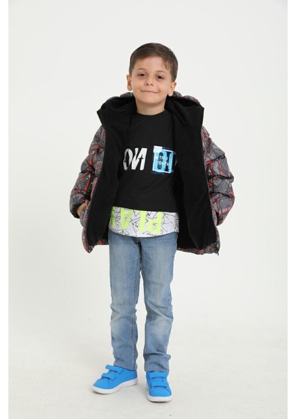 Spor Erkek Çocuk Pusula Desen Polar Su ve Rüzgar Geçirmez Kapüşonlu Şişme Mont