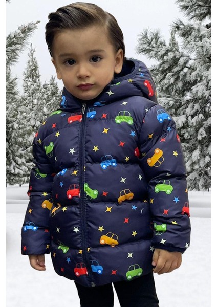 Erkek Çocuk Polarlı Kapüşonlu Araba Yıldız Ay Desenli Kışlık Şişme Mont & Kaban modelleri