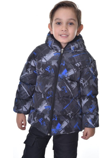 Erkek Çocukdijital Desen Polar Su ve Rüzgar Geçirmez Kapüşonlu Şişme Kışlık Mont