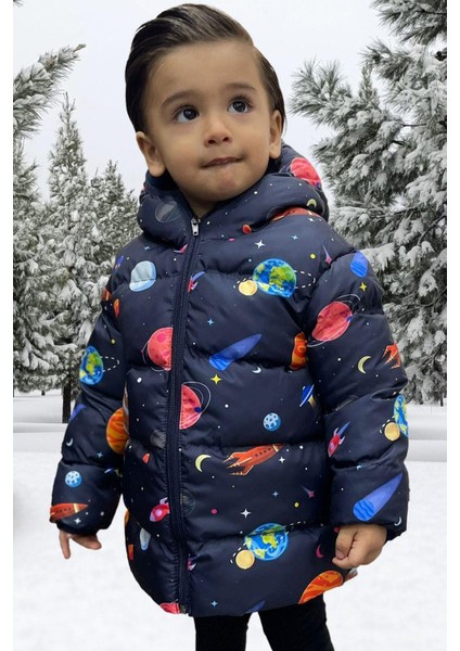 Erkek Çocuk Polarlı Kapüşonlu Gezegen Yıldız Desenli Kışlık Şişme Mont & Kaban & Parka modelleri