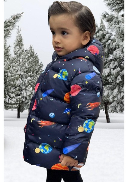 Erkek Çocuk Polarlı Kapüşonlu Gezegen Yıldız Desenli Kışlık Şişme Mont & Kaban & Parka fırsatları