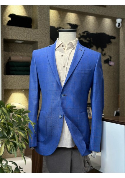 Saks Mavi Ekoseli %100 Keten Ceket (Astarsız) fiyatları