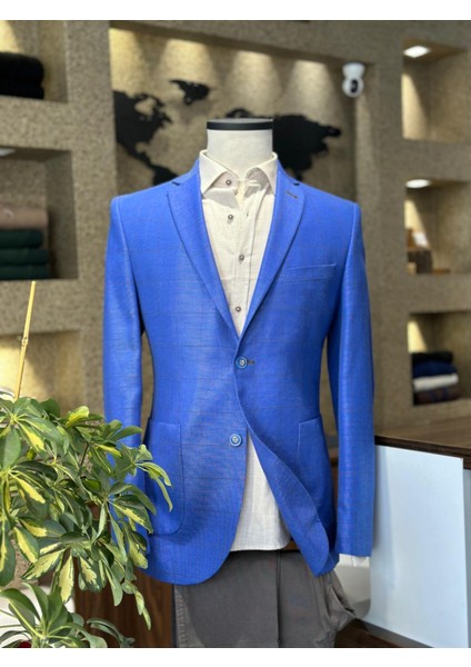 Saks Mavi Ekoseli %100 Keten Ceket (Astarsız) modelleri