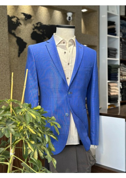 Saks Mavi Ekoseli %100 Keten Ceket (Astarsız) fırsatları