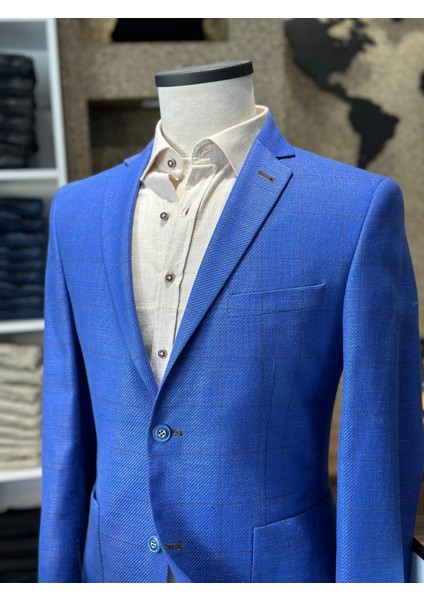 Saks Mavi Ekoseli %100 Keten Ceket (Astarsız) indirimleri