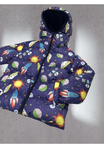 Erkek Çocuk Polarlı Kapüşonlu Ufo Desenli Kışlık Şişme Mont & Kaban & Parka