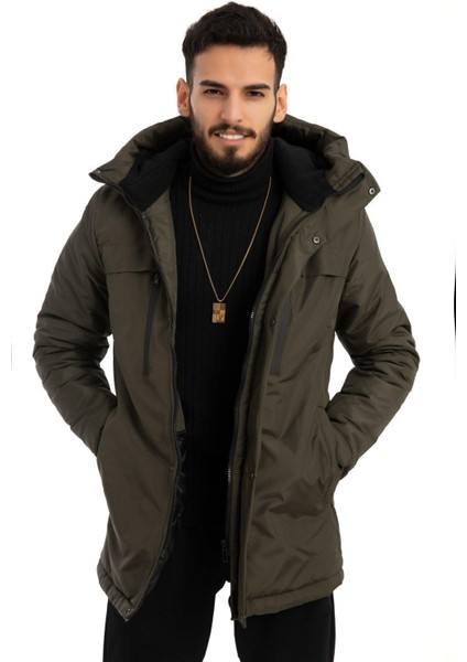 Erkek Kapüşonlu Kış Montu Polarlı Su ve Rüzgar Geçirmez Modern Regular Kesim