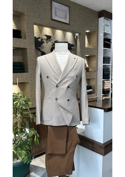 Bej Kruvaze Slim Fit Erkek Ceket (Astarsız)