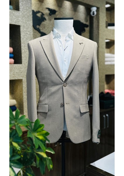 Dokulu Erkek Tek Ceket Bej