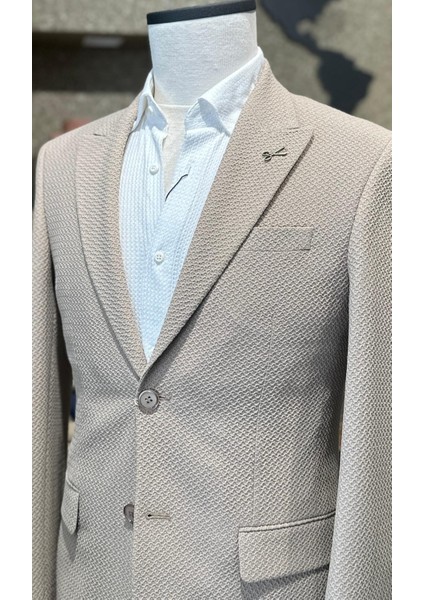 Dokulu Erkek Tek Ceket Bej modelleri