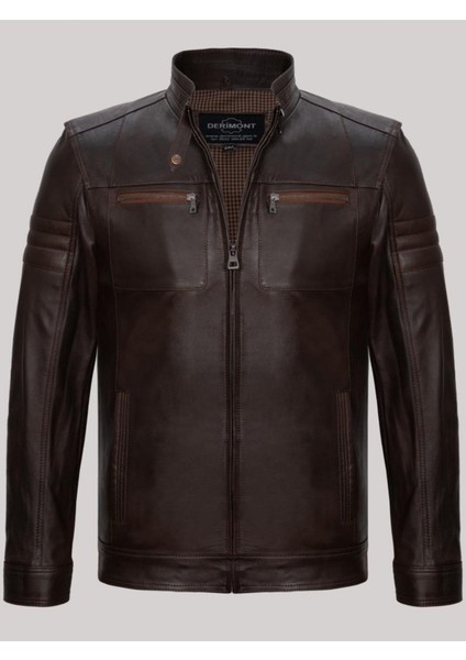 Hakiki Kuzu Derisi Kahverengi Koldan Düz Çizgili Fermuarlı Dört Cepli Erkek Deri Mont