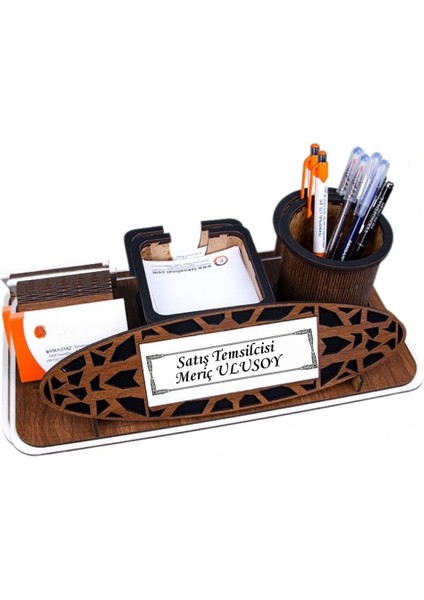 Kişiye Özel Isimli Ahşap Masa Üstü Isimlik | Kalemlik ve Kartvizitlikli