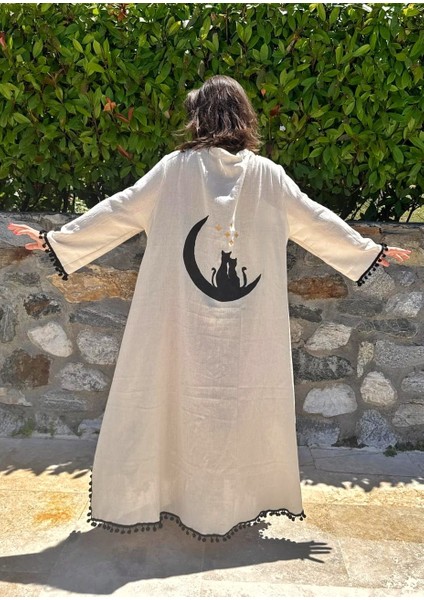 Ay Üzerindeki Kediler Temalı El Boyama Müslin Kimono Plaj Elbisesi Pareo fiyatları