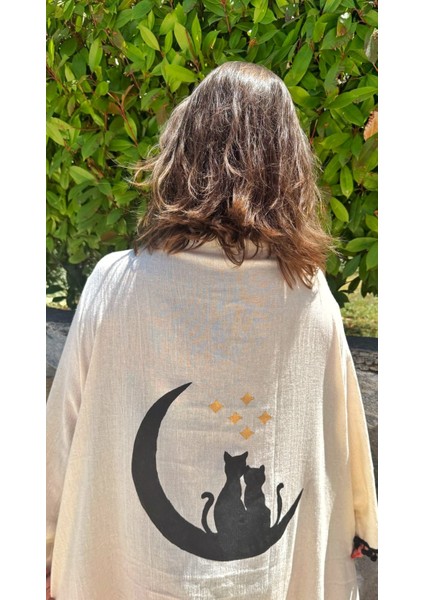 Ay Üzerindeki Kediler Temalı El Boyama Müslin Kimono Plaj Elbisesi Pareo indirimleri