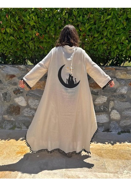 Ay Üzerindeki Kediler Temalı El Boyama Müslin Kimono Plaj Elbisesi Pareo