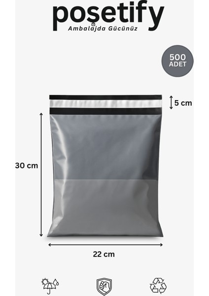 Gri Cepli Kargo Poşeti 22X30+5 cm | Yapışkan Bantlı Gönderi Zarfı | 500’LÜ E-Ticaret Poşeti