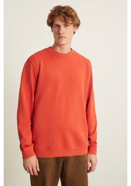Natas Erkek Yumuşacık Kumaşlı Regular Organik Cotton Yuvarlak Yakalı Kiremit Rengi Sweatshirt