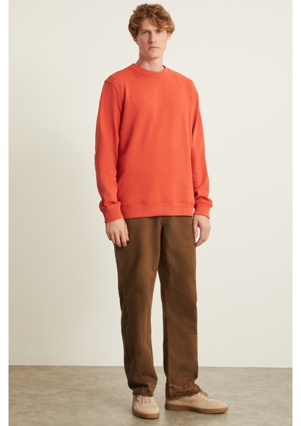 Natas Erkek Yumuşacık Kumaşlı Regular Organik Cotton Yuvarlak Yakalı Kiremit Rengi Sweatshirt fiyatları
