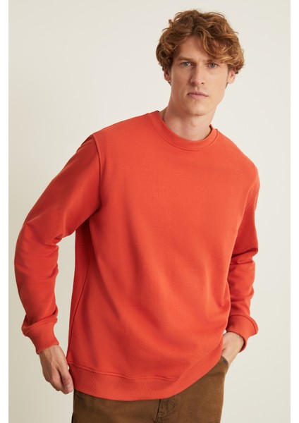 Natas Erkek Yumuşacık Kumaşlı Regular Organik Cotton Yuvarlak Yakalı Kiremit Rengi Sweatshirt indirimleri