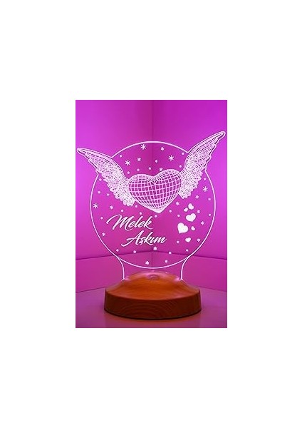 Sevgilambası Melek Aşkım Hediyesi Kanatlı Kalp 3D LED Lamba