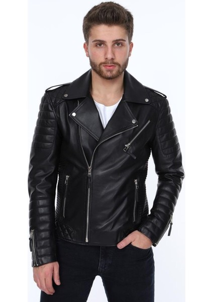 Hakiki Deri Siyah Manuel Fermuarlı Erkek Deri Ceket