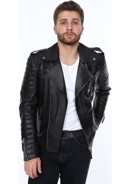 Hakiki Deri Siyah Manuel Fermuarlı Erkek Deri Ceket indirimleri