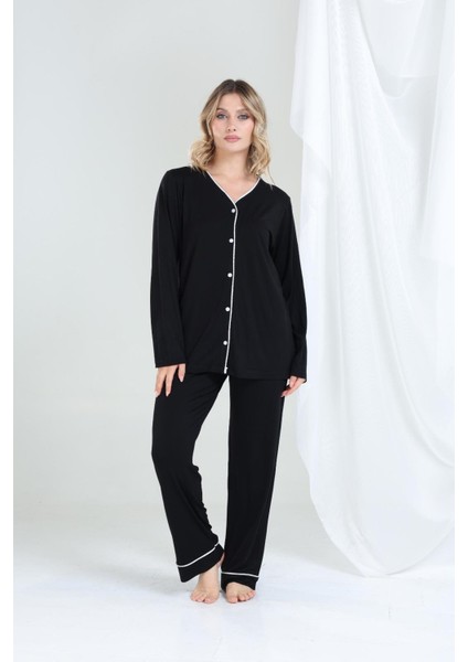 Bambu Hamile ve Lohusa Sabahlık Gecelik Fitilli Takım Uzun Kollu Düğmeli