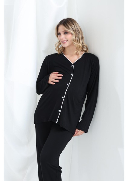 Bambu Hamile ve Lohusa Sabahlık Gecelik Fitilli Takım Uzun Kollu Düğmeli fiyatları