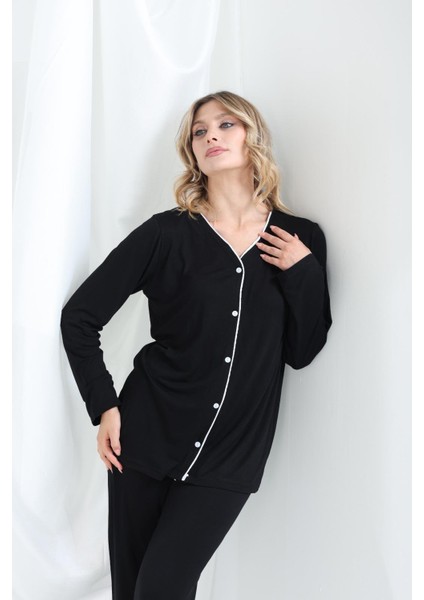 Bambu Hamile ve Lohusa Sabahlık Gecelik Fitilli Takım Uzun Kollu Düğmeli fırsatları