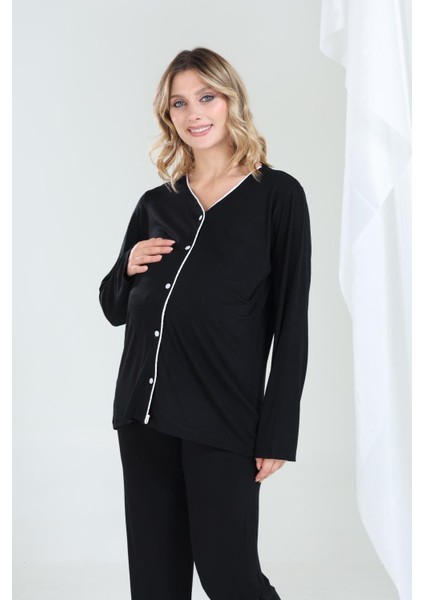 Bambu Hamile ve Lohusa Sabahlık Gecelik Fitilli Takım Uzun Kollu Düğmeli indirimleri