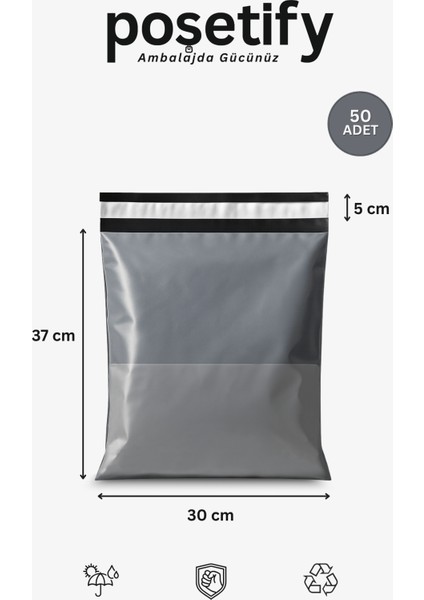 Gri Cepli Kargo Poşeti 30X37+5 cm | Yapışkan Bantlı Gönderi Zarfı | 50’li E-Ticaret Poşeti