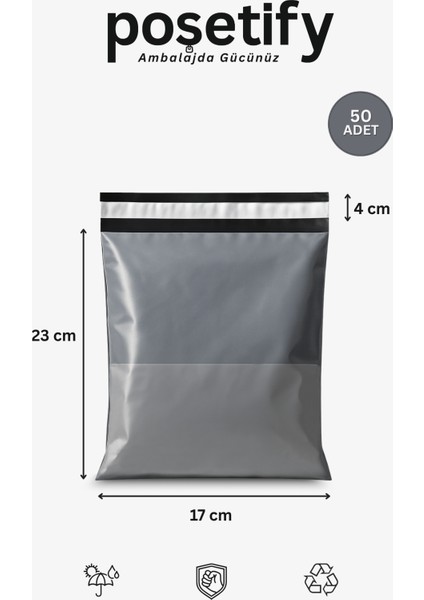 Gri Cepli Kargo Poşeti 17X23+4 cm | Yapışkan Bantlı Gönderi Zarfı | 50’li E-Ticaret Poşeti