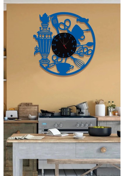 Mavi Mutfak Cafe Dekoratif Duvar Saat+Siyah