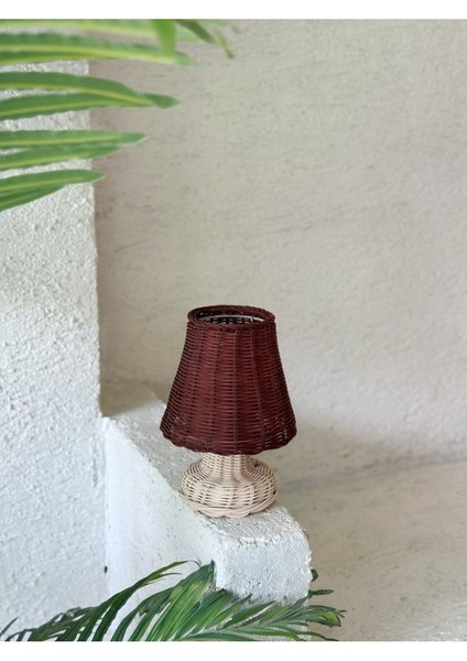 Kahverengi Rattan ve Bambu Masa Lambası, Kablosuz, Pilli, Şık Tasarım