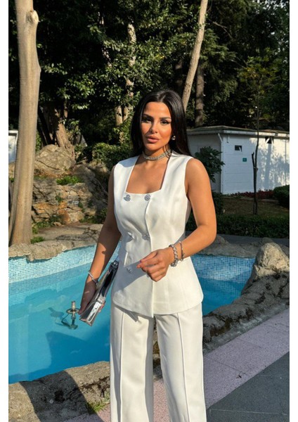 Kadın Alt Üst Ikili Takım Şık Düğme Detaylı Kare Yaka Yelek Pantolon Takım modelleri
