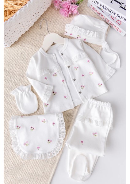 Çiçekli Natural 100% Pamuk 5'li Kız Bebek Hastane Çıkışı Bebek Takımı Set