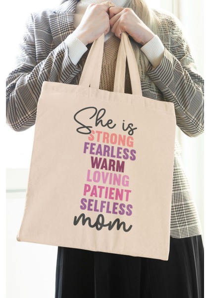 She Is Strong Loving Mom No:2 Baskılı Anneler Günü Hediyelik Bej %100 Pamuklu Ham Bez Bej Çanta